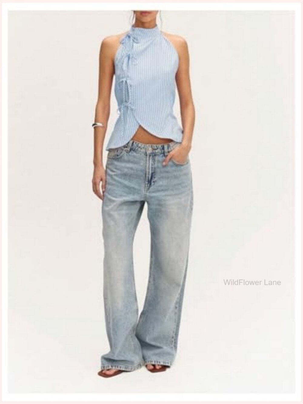 Striped Tie Front Halter Top Sleeveless Open Back Asymmetrical Tank Top - Picture 4 of 4